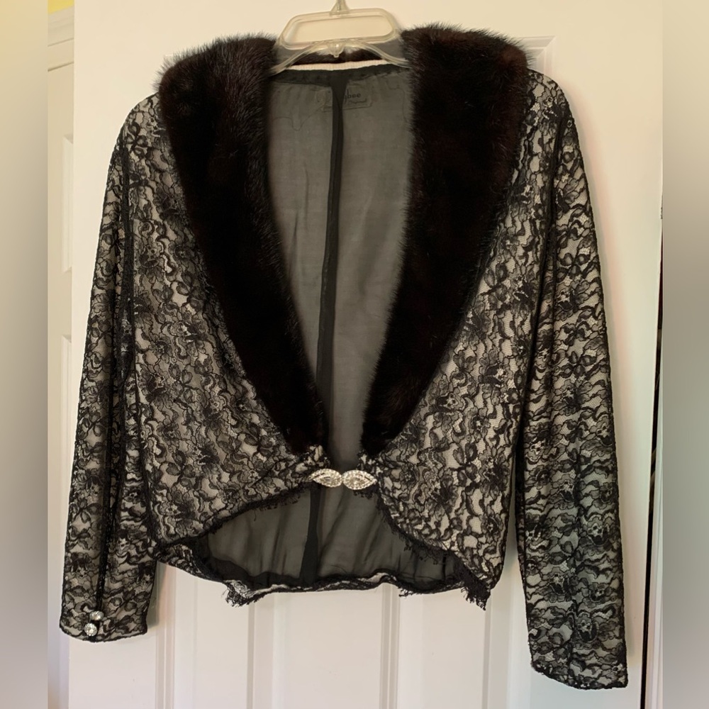 Vtg 50s Hollywood Jaybee Original Black Lace Evening Sweater Mink Silk Lined